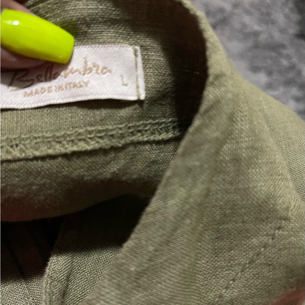 Bellambra Olive 100% linen V-Neck Tiered Dress size L - Picture 7 of 7
